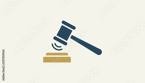 Minimalist legal system icon featuring a blue judge gavel striking a golden block representing justice, court, and law.