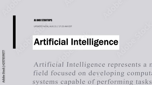 Artificial Intelligence news headlines with changing article layouts, typography, and editorial text. AI technology media background animation for business and digital content.