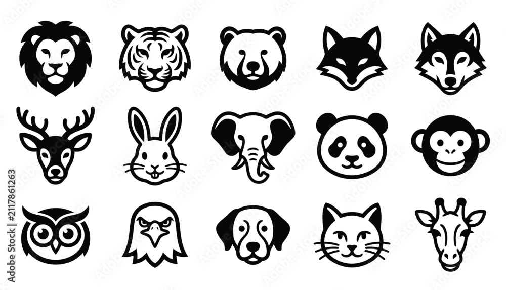 Fototapeta premium Set of black and white animal head icons featuring various wild and domestic animal species in vector style