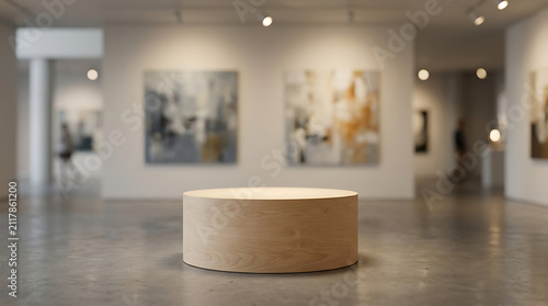 Wooden cylinder podium in modern art gallery or museum space