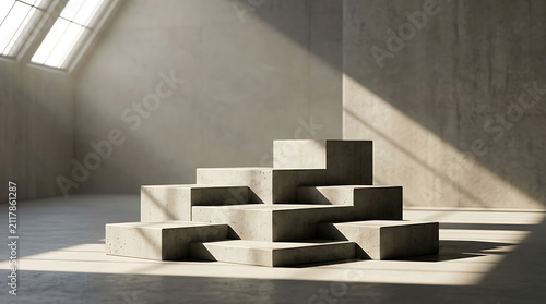 Stepped concrete podium bathed in bright sunlight with hard shadows