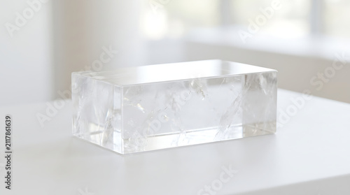 Clear transparent acrylic block podium on clean white bright desk
