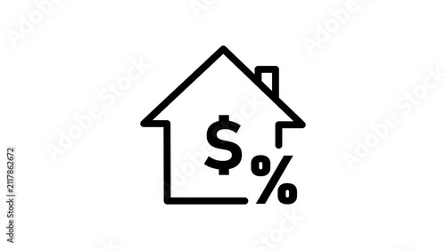 House Mortgage Tax Line Icon animation. Minimalist line art house icon with dollar and percentage sign for real estate mortgage property tax and housing loan icon.