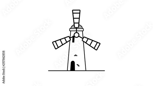 Animated 2D windmill line icon motion graphic on white background. simple line art windmill spinning animation.