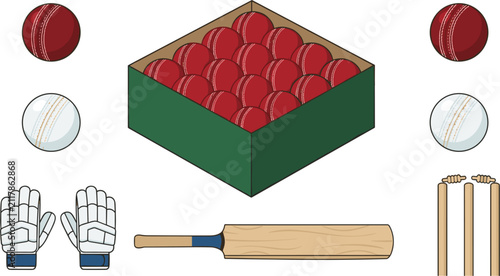 Cricket equipment set with red and white balls and bat