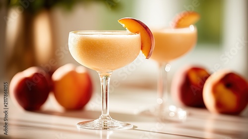 Peach citrus cocktails with dried orange slices in elegant coupe glasses