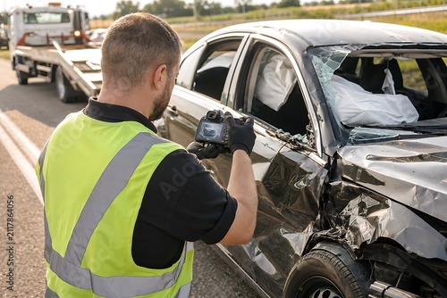 Insurance adjuster inspecting a heavily damaged car after a road accident with a tow truck in the background