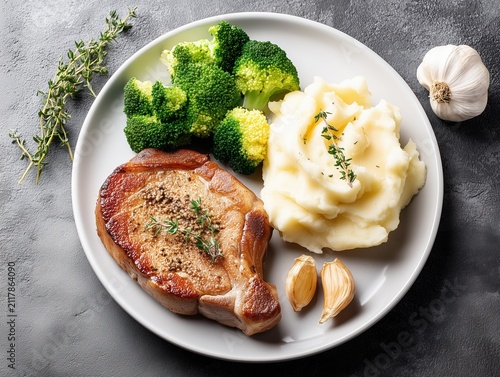 Pork steak with mashed potatoes and broccoli on white plate
