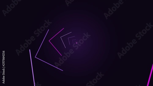 Abstract purple neon lines rotating in a dark tunnel infinity loop