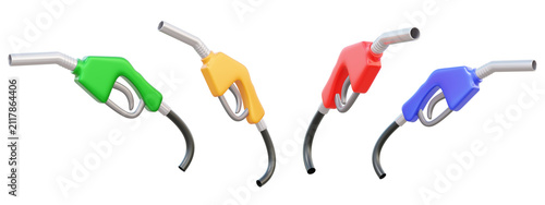 Set of fuel nozzle green yellow red blue icon on isolated background. Economy finance price oil station service power automotive. 3d renderig illustration