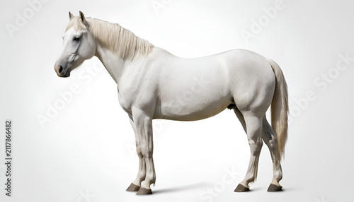 Horse standing in profile showcases a muscular build and a clean white coat on a neutral background.