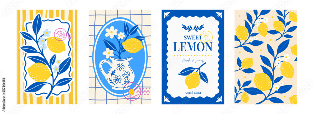 Obraz premium Lemon poster set. Mediterranean summer citrus fruit print. Amalfi Coast Italian pitcher jug and floral branch illustration. Sicily Menton coastal aesthetic pattern wall art