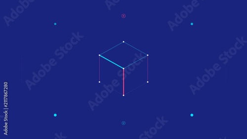 Animated geometric cube with connecting lines on a dark blue background