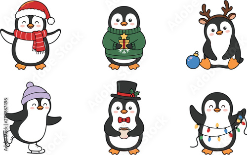 Cute Christmas penguin cartoon illustration set on white background