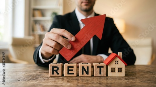 Man holding red arrow pointing up with rent blocks and house model, symbolizing rising rent prices