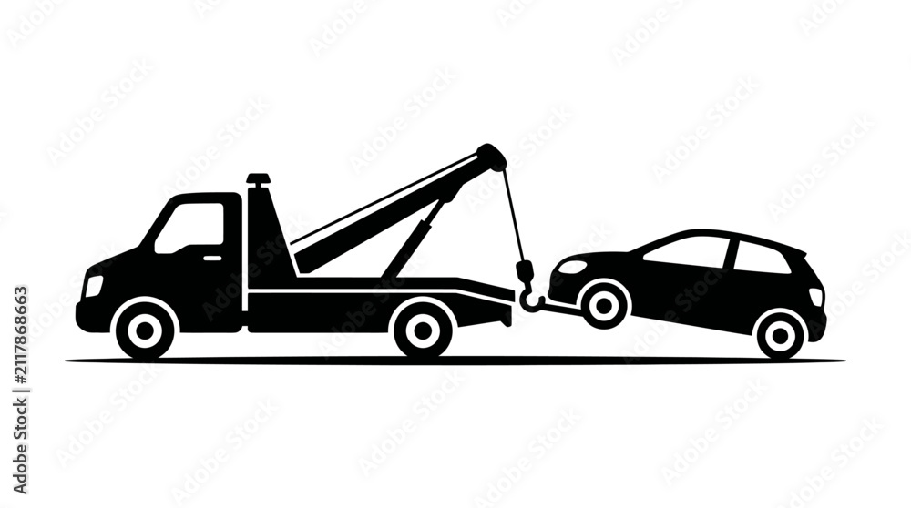 Naklejka premium Tow truck lifting a compact car black silhouette