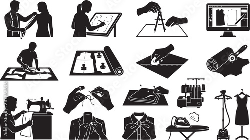 Fotografie Set of black and white icons representing the fashion design process from initia