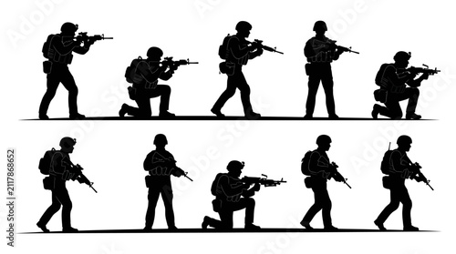 Фотография Soldiers With Rifles In Various Poses Black Silhouette