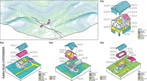 Bild auf Leinwand Topographic map and isometric architectural breakdown diagrams with building com