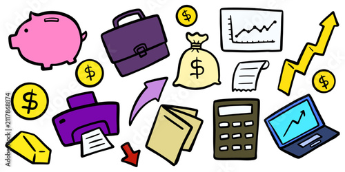 Business investment and financial planning doodle icon set