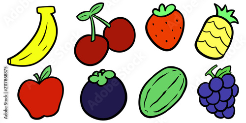 Fresh organic fruit doodle icon set