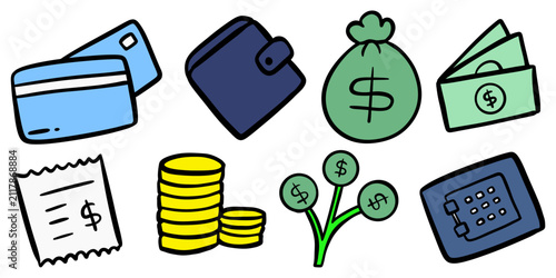 Money and banking finance doodle icon set