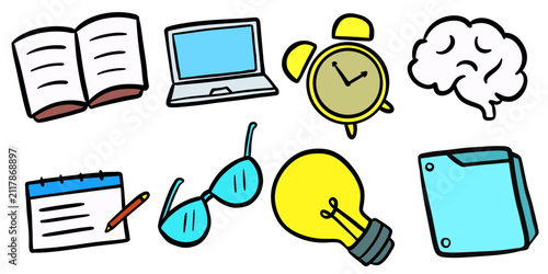 Office and study supplies doodle icon set