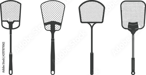 Bild auf Leinwand Fly swatter icon set featuring insect killer, mosquito racket, handheld pest control tool, and bug repellent vector illustrations for household use