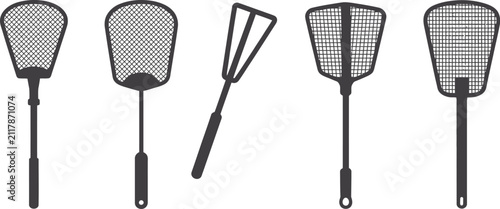Cuadro en lienzo Fly swatter icon set featuring insect killer, mosquito racket, handheld pest control tool, and bug repellent vector illustrations for household use