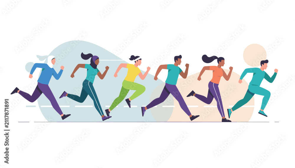 Fototapeta premium Diverse group of people of various backgrounds jogging together on a track, representing health, fitness, community, and active lifestyles.