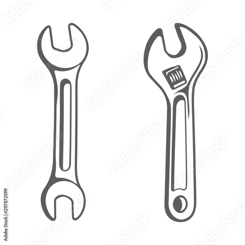 Two mechanic tools wrench and adjustable spanner hand drawn outline vector illustration set.