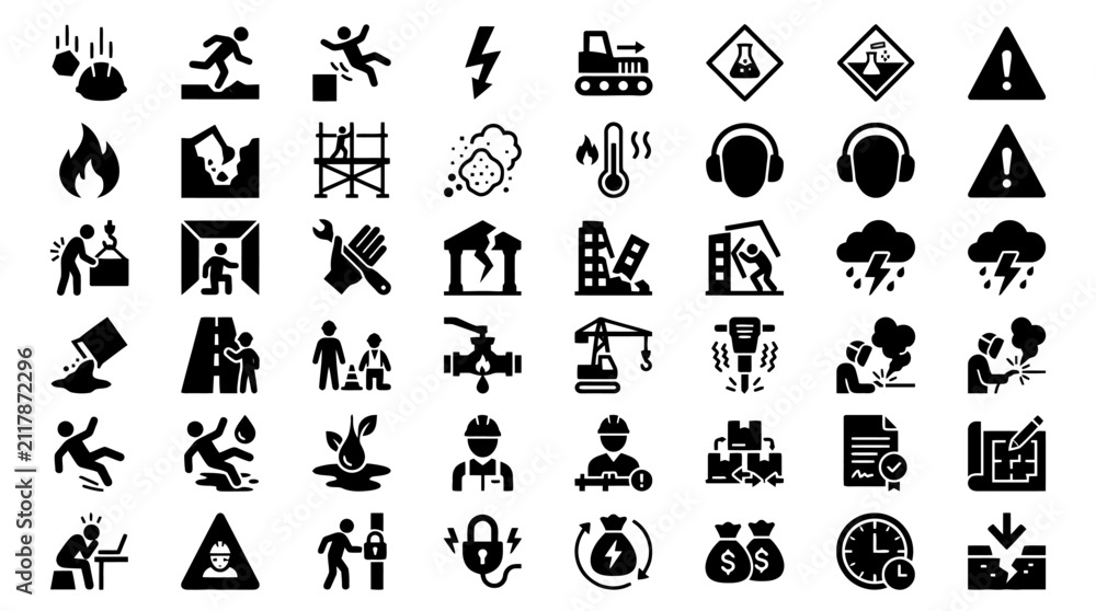 Fototapeta premium Set of construction safety and hazard warning icons silhouettes. EPS Editable