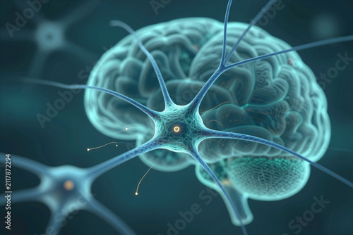 Microscopic Neuron Network with Turquoise Cell Bodies and Blue Dendrites
