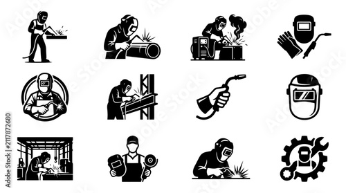 Collection of black and white icons representing various welding processes, equipment, and safety gear, illustrating the industrial trade.