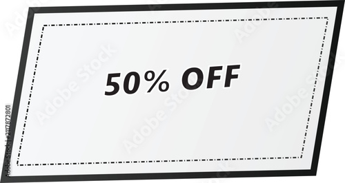 Promotional fifty percent off coupon label for special offers and deals