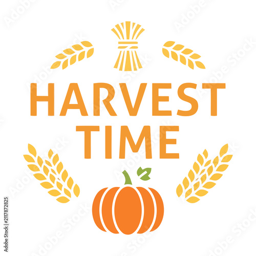 Obraz na plátně Harvest time typography design with orange pumpkin and yellow wheat stalks illus