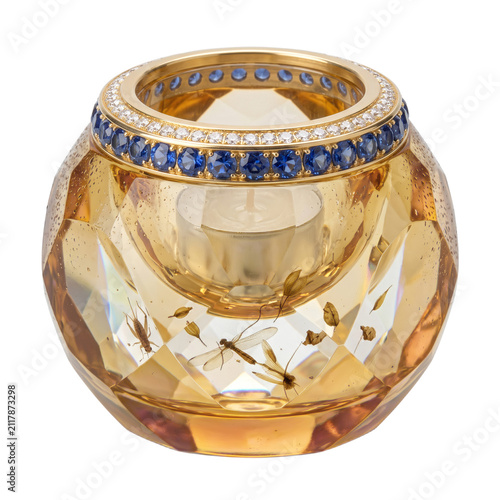 Citrine yellow glass tealight holder with faceted clear walls, golden amber glass candle votive, transparent isolated design element