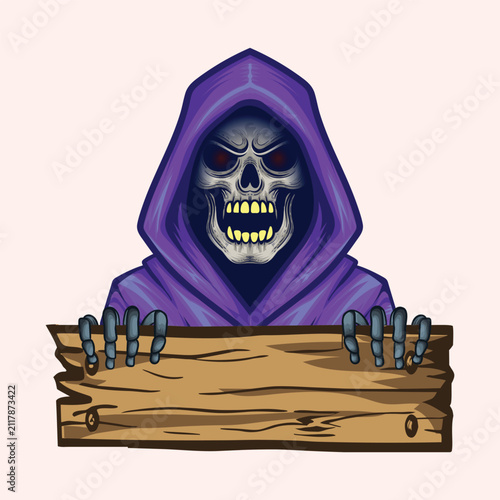 Evil grim reaper skull character in purple hood holding blank wooden sign for text.