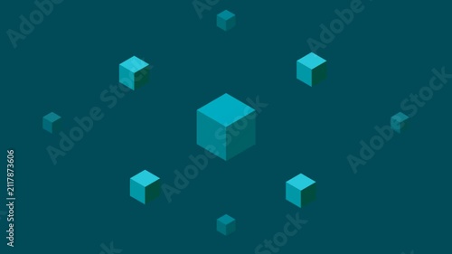 Blue 3D Cubes Floating in a Symmetric Radial Pattern Against Dark Background