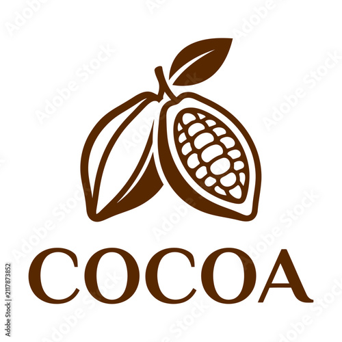 Cocoa bean plant fruit icon with text label representing organic chocolate and food ingredient Vector