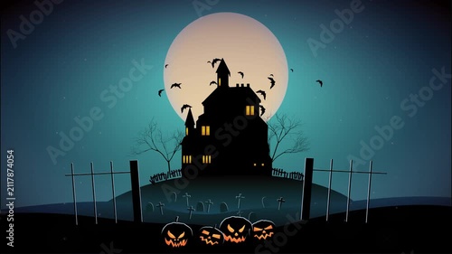 Halloween Haunted House with Full Moon, Flying Bats and Glowing Pumpkins 4K Animated Background