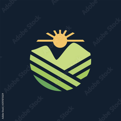 Flat design vector logo farmfield with sunrise on the dark background