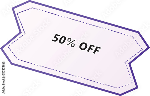 Purple Bordered Promotional Ticket Voucher Design Featuring Fifty Percent Discount Text Offering Savings