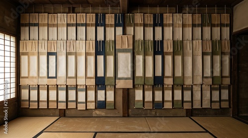 Traditional japanese hanging scrolls displayed in a tatami room