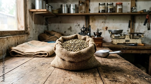 Raw green coffee beans in a burlap sack on a rustic wooden table
