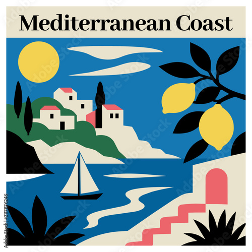Mediterranean Coast Minimalist Travel Poster with Coastal Village, Sailboat and Lemon Tree