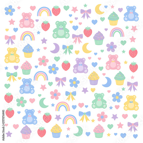 Cute pastel seamless pattern with teddy bears, cupcakes, strawberries, rainbows, and bows