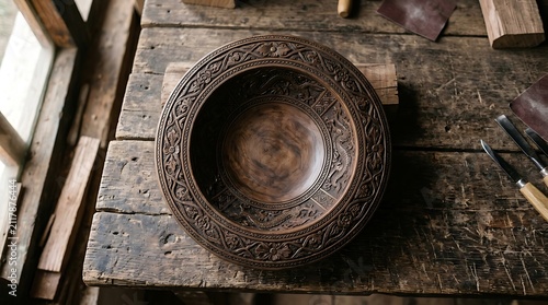 Handcrafted ornate wooden bowl on a rustic workshop table
