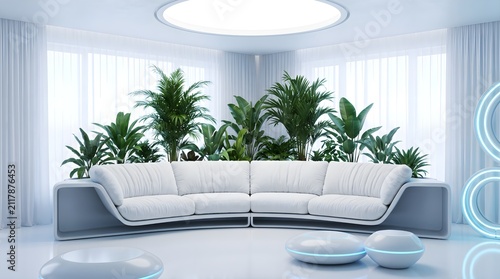Futuristic White Living Room with Lush Green Plants and Blue Neon Accents