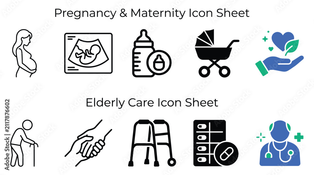 Fototapeta premium Pregnancy maternity and elderly care vector icon set featuring medical symbols for health services and patient support displayed in clean black and blue graphic line art.